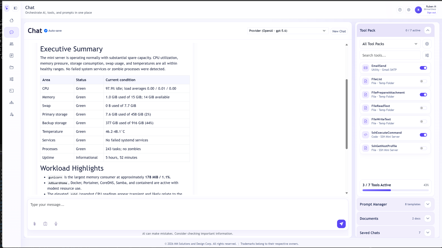 AIHub Studio chat workspace with tools